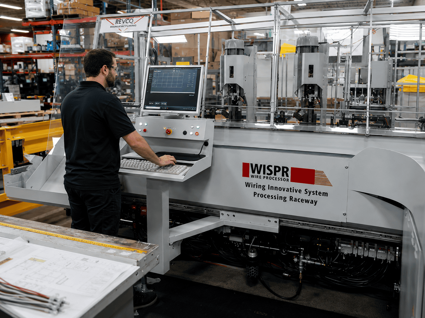 Man using Bevco's WISPR machine that makes wire kits.