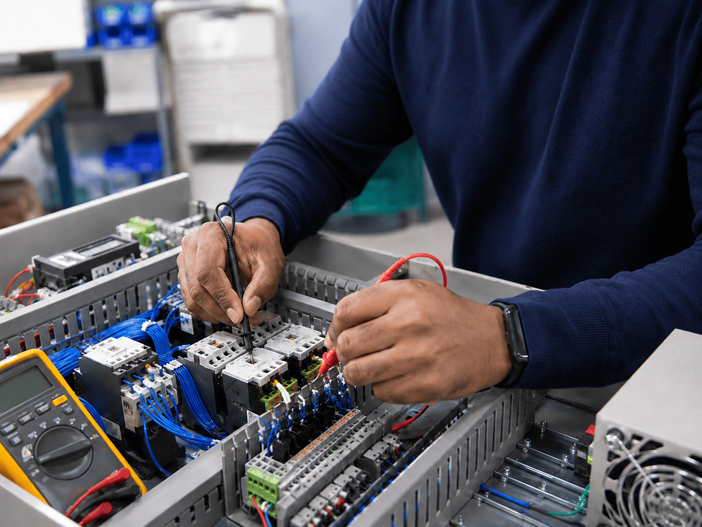 Quality testing on a control panel with a voltage tester.