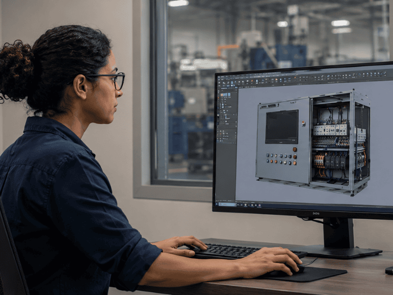 Woman sitting at a computer using engineering software to design a custom control panel.