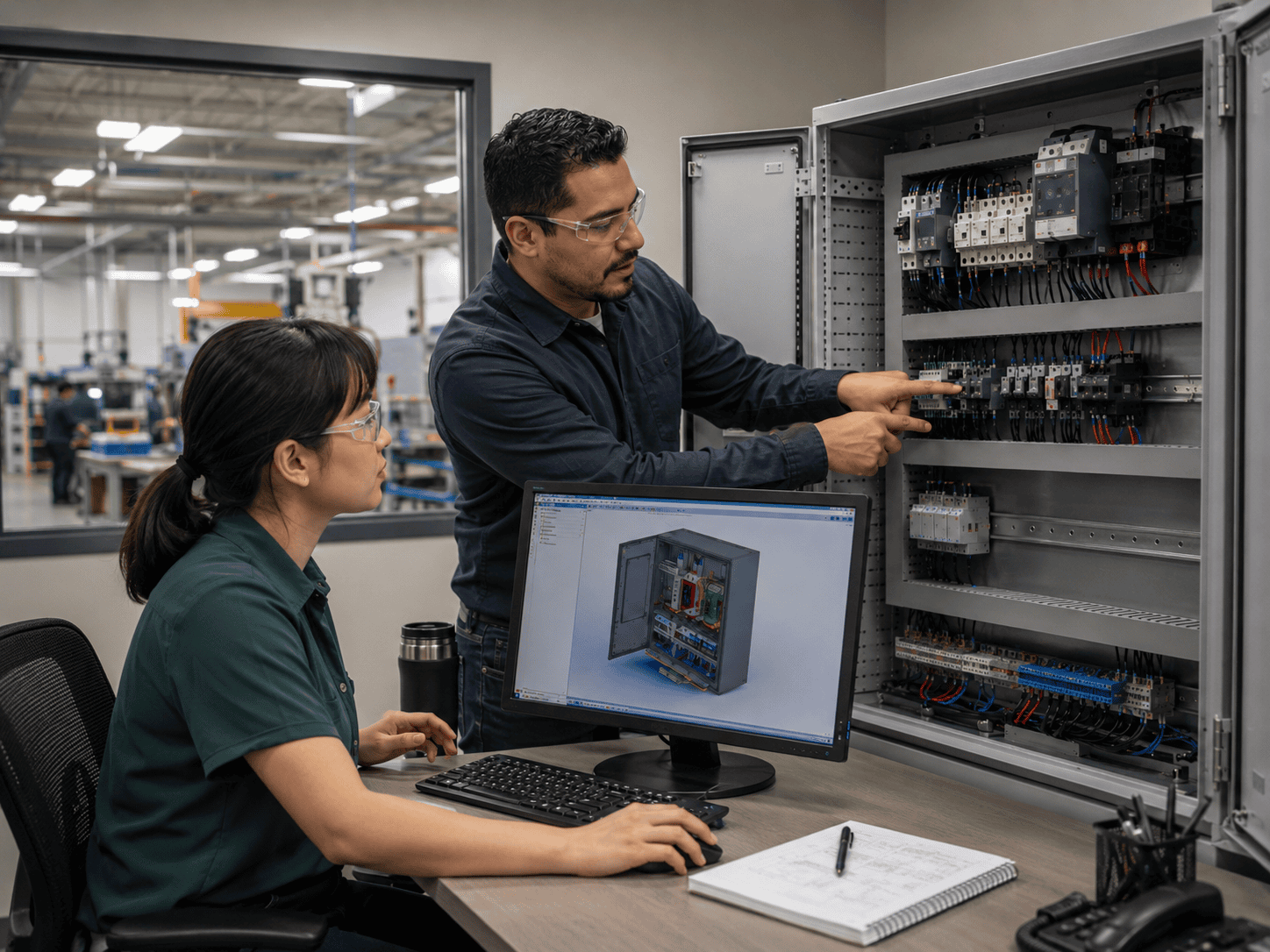 Woman and man discussing the layout of a control panel.