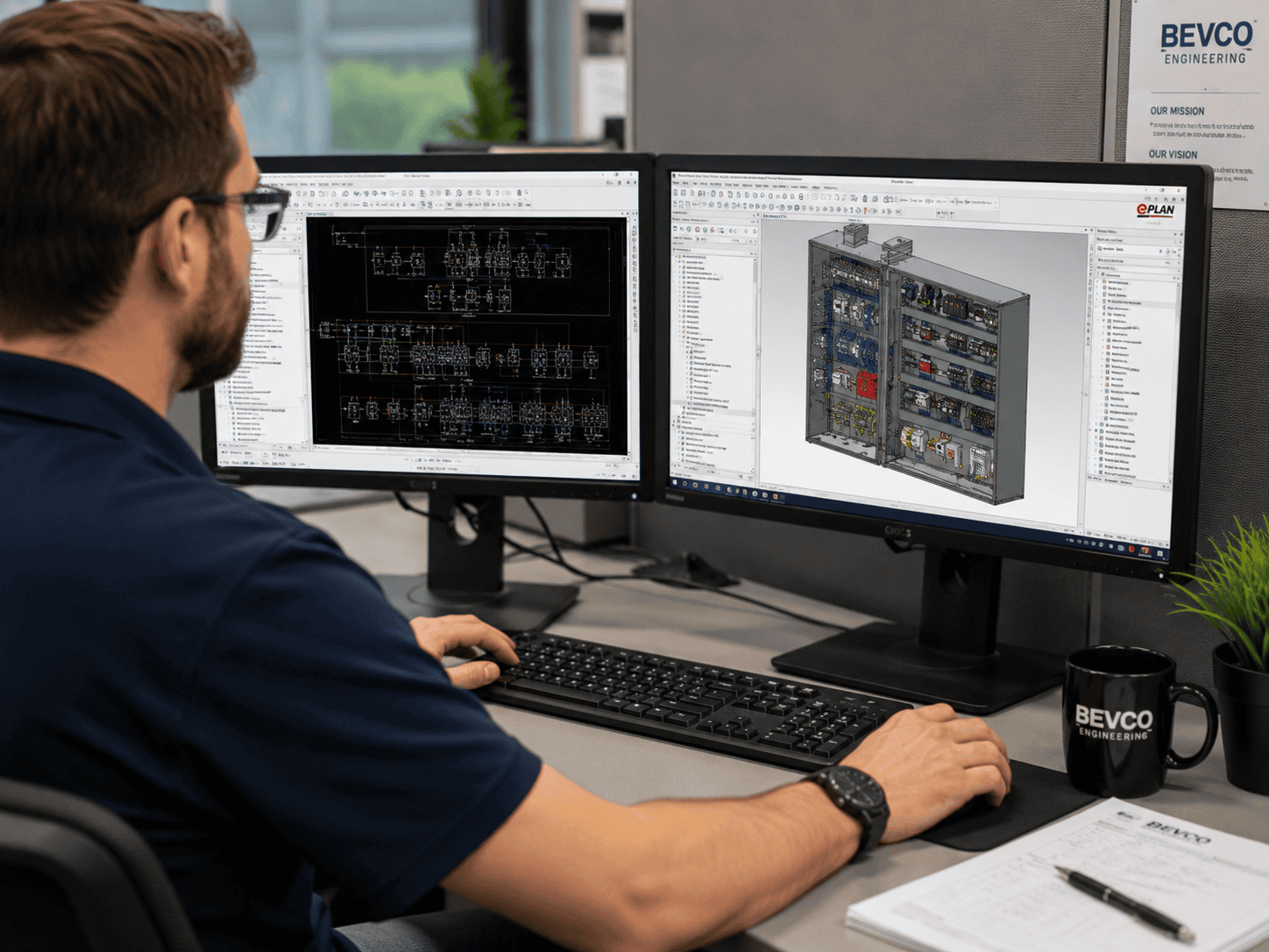 Man creating a custom control panel using engineering software.