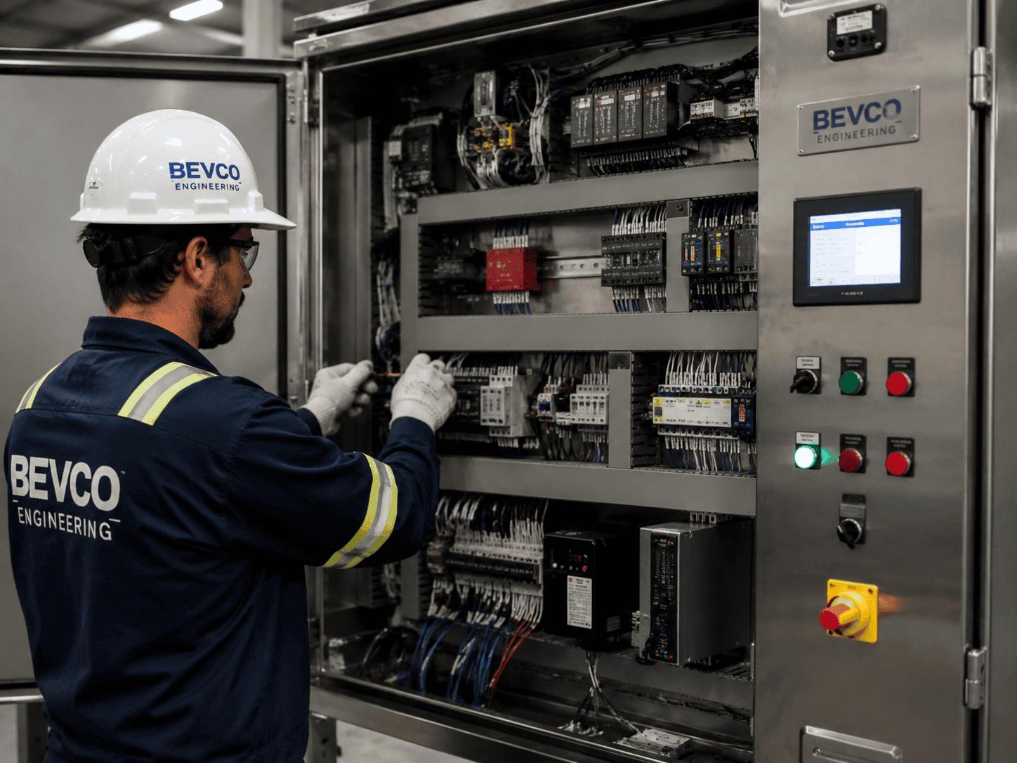 Man assembling a custom control panel.