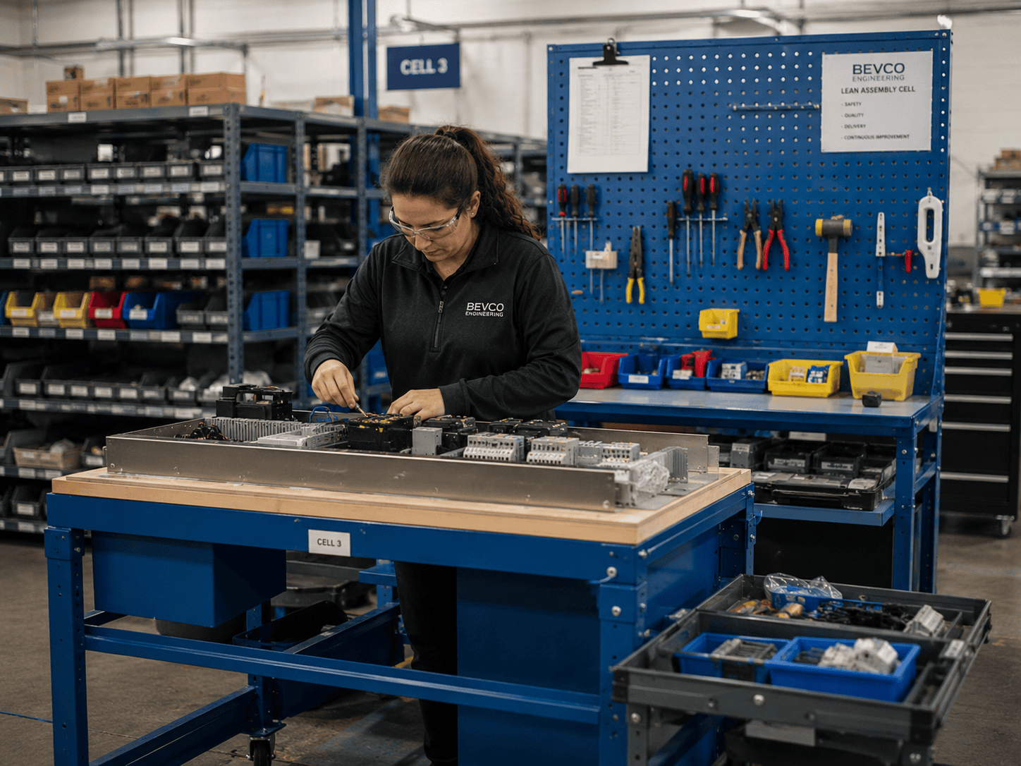 Woman assembling a custom control panel in a lean assembly cell.