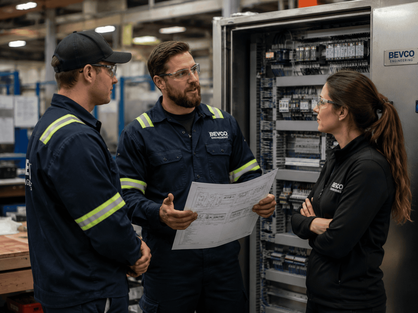 Engineering team deliberating over a control panel design.