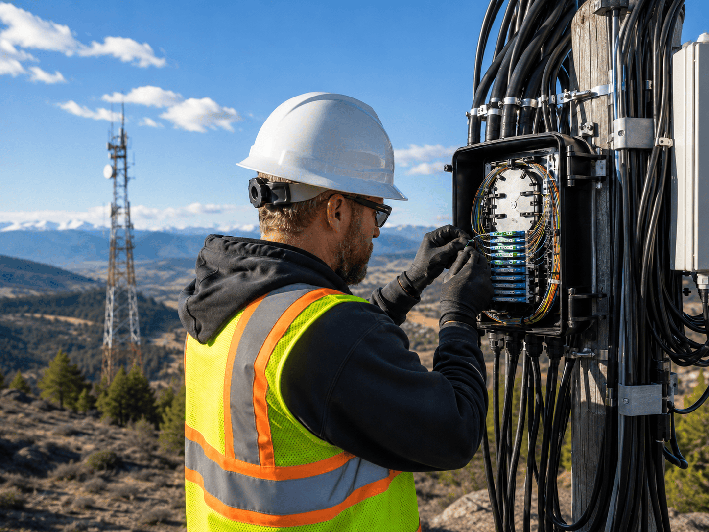Telecom technician working on fiber optic network equipment for broadband infrastructure