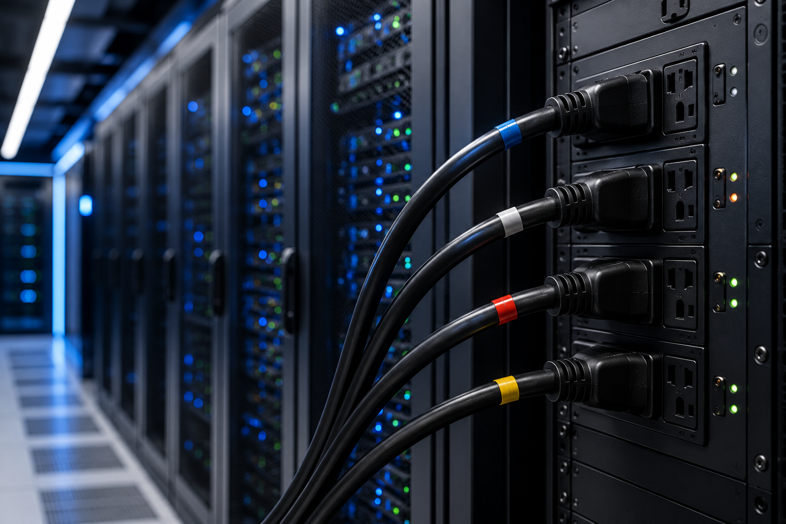 Data center power whips connected to rack-mounted power distribution equipment