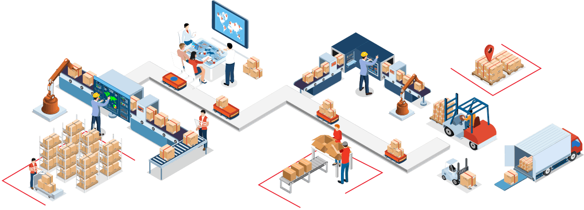 Cartoon of distribution center amplifying production capacity