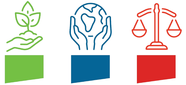Ven diagram with icons of the world, a balanced scale, and a seed growing