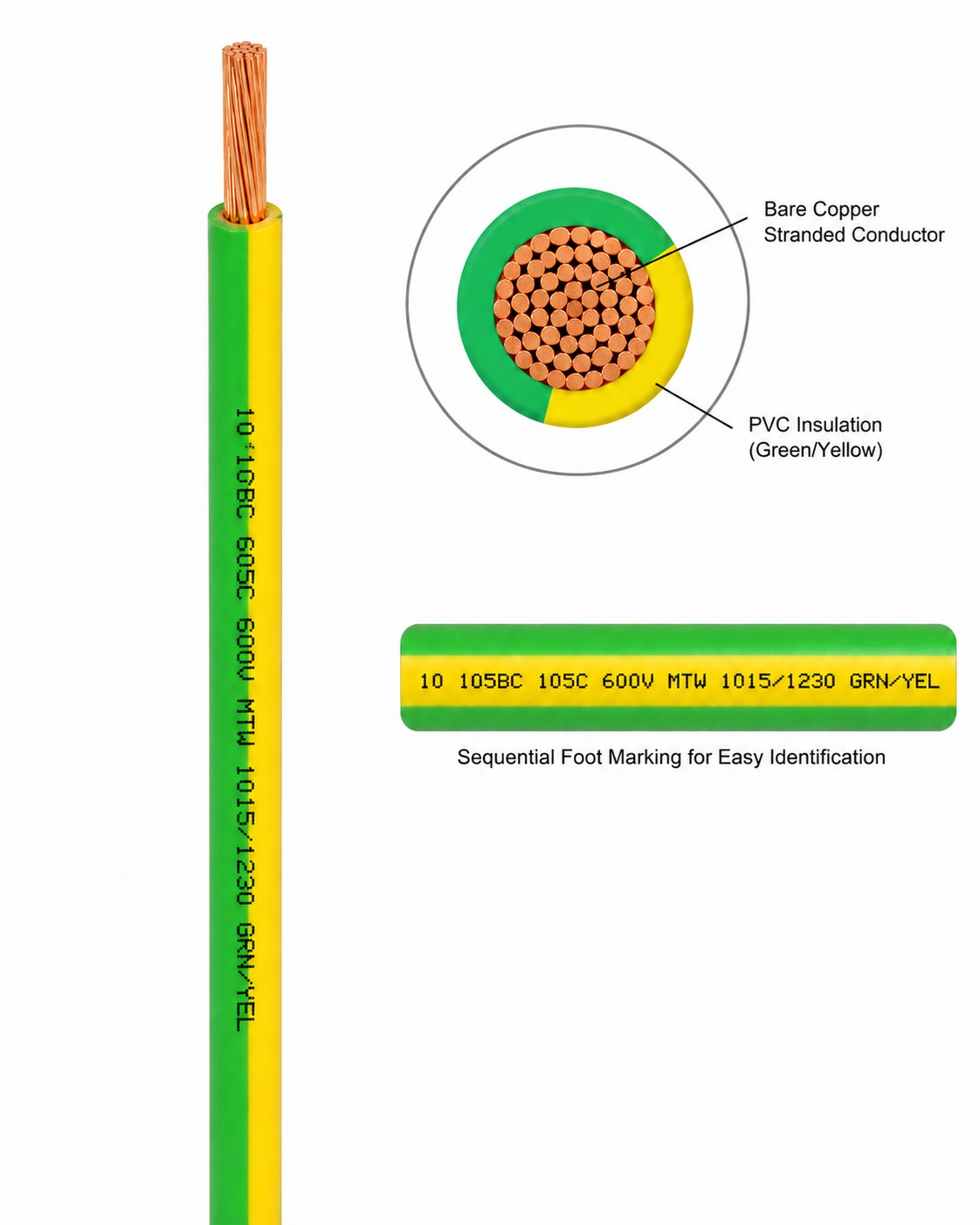 10 AWG, UL 1015 Lead Wire, 105 Strand, 105C, 600V, Bare copper, PVC, Green/yellow
